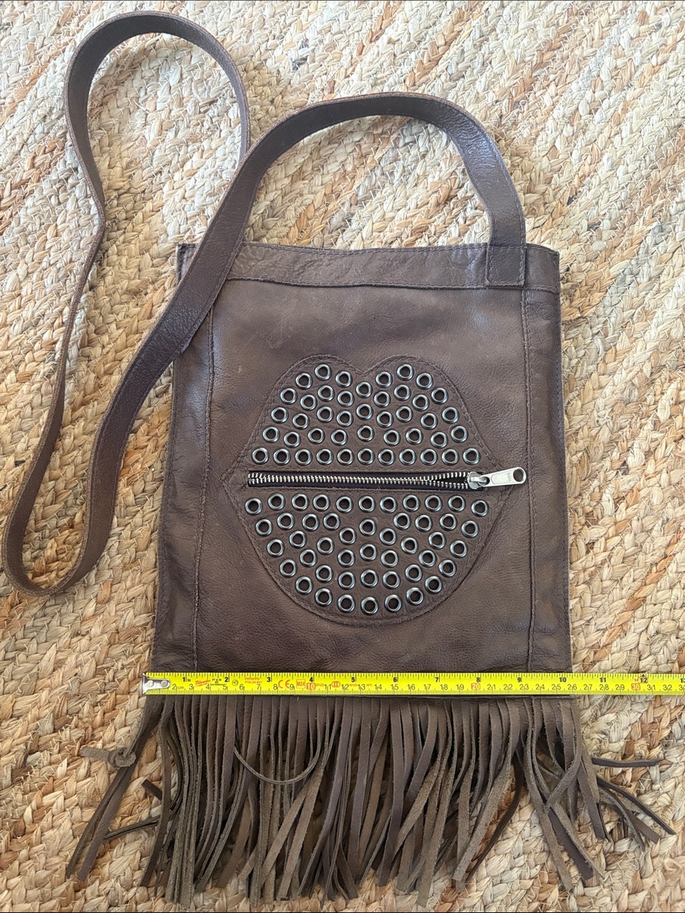 Sonia Rykiel Brown Leather Fringe Crossbody with Grommet Heart Zip
